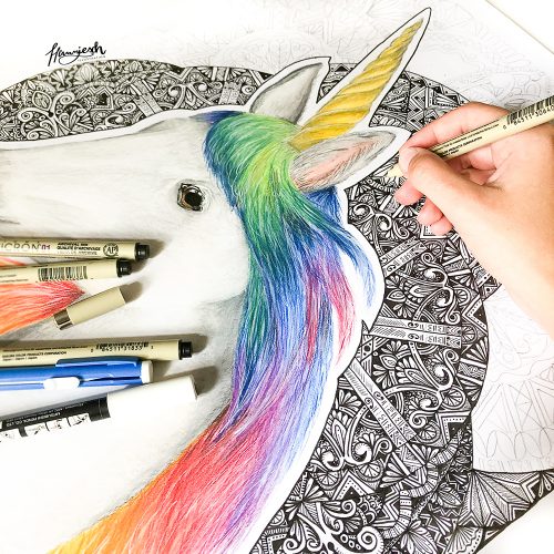 Unicorn drawing with Zentangle Mandala background